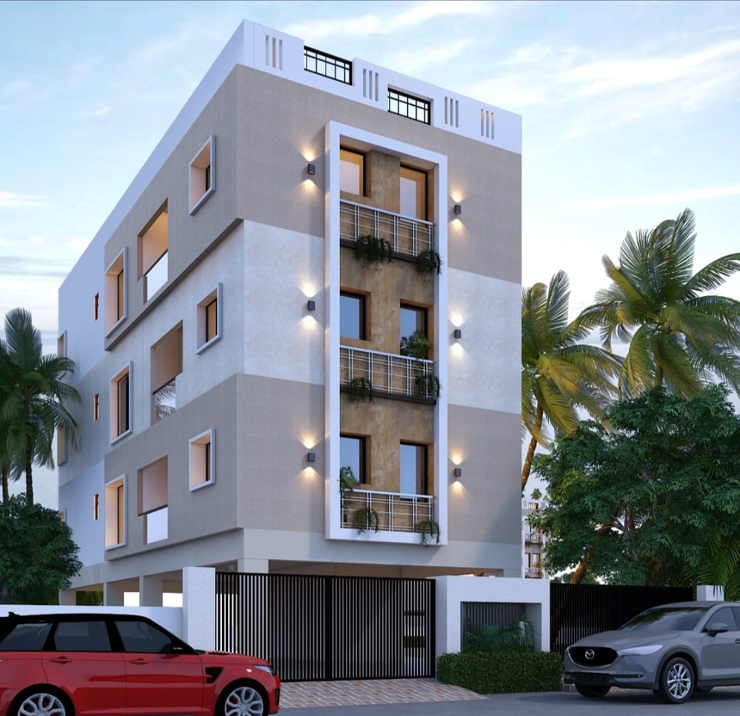 Apartment rendering with a tall white balcony frame, grey exterior, hanging greenery and palm trees