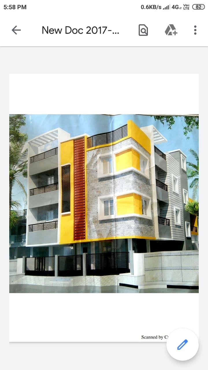 Corner apartment rendering with yellow accent walls, grey textured surfaces and white projecting window frames