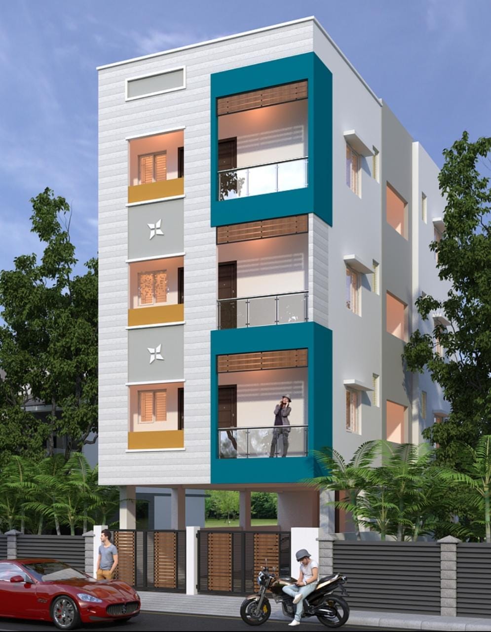 Residential building rendering with large teal balcony surrounds, white cladding and timber-toned screens
