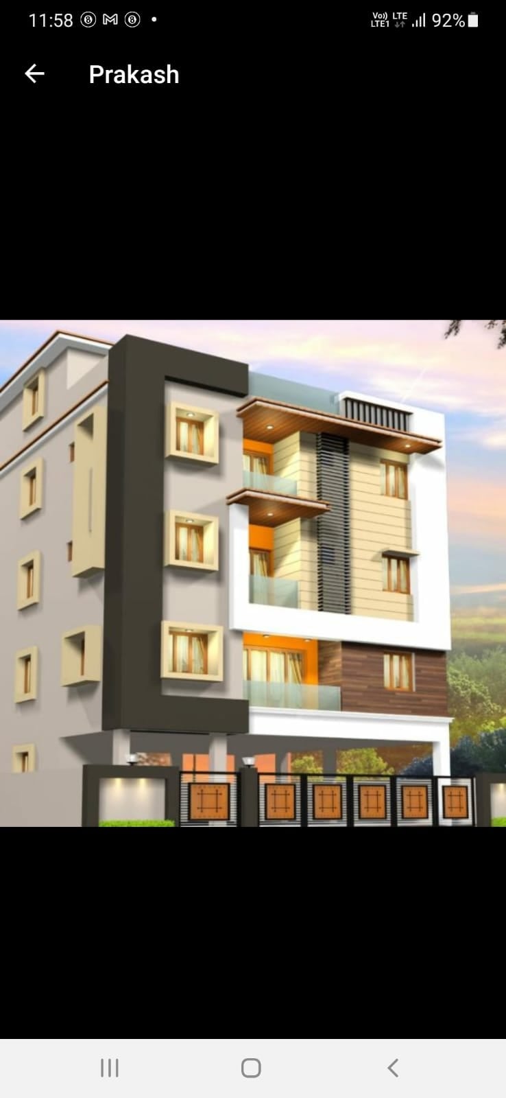 Apartment rendering with a charcoal vertical frame, white balcony surround and wide timber-toned canopies