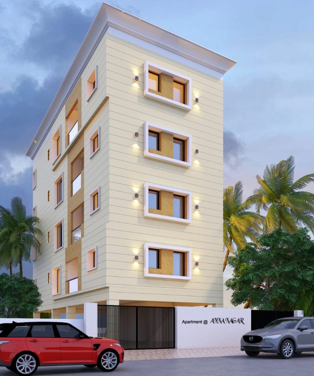 Supplied Anna Nagar apartment rendering with a pale facade, framed windows and palm trees
