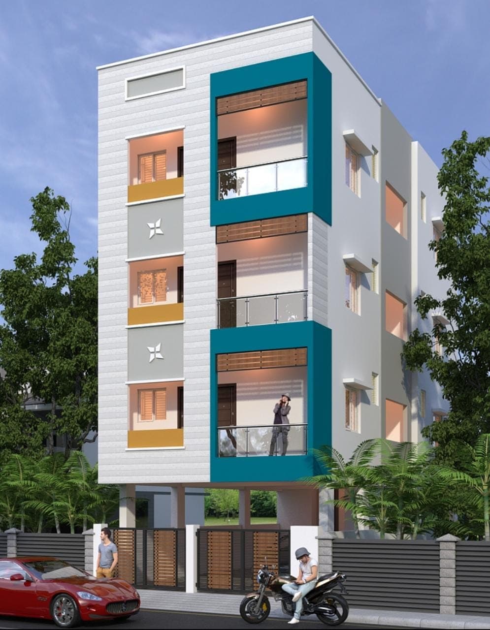 Supplied residential design visualization with teal balcony frames and a landscaped setting